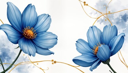 Aufkleber - Elegant abstract blue flowers with golden lines on white background. Luxurious watercolor illustration with intricate floral patterns. Soft blue shades, golden line art create decorative aesthetic.