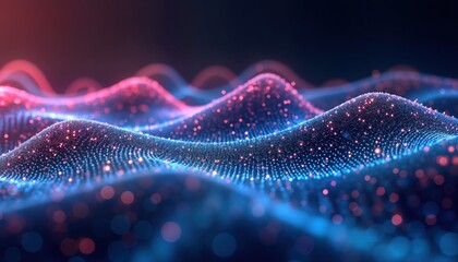 Aufkleber - Futuristic digital waves of glowing blue, pink dots create dynamic abstract background. Data flow sound waves represented by soft motion. Modern design elements show vibrant colors. Fluid patterns