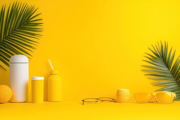 Sunny Summer Vibes: Beach Accessories and Palm Leaves on Yellow Background