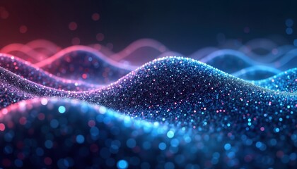 Aufkleber - Dynamic abstract illustration. Glowing blue, pink digital waves made of dots. Futuristic style. Represents sound waves data flow. High detail. Smooth, vibrant colors. Suggests tech, innovation.
