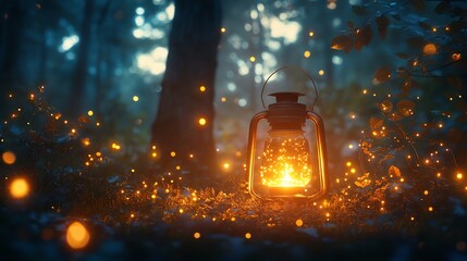 Aufkleber - A glowing lantern surrounded by ethereal lights in a serene forest setting.
