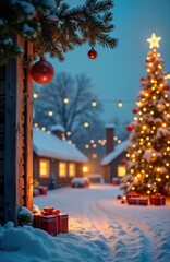 Poster - Snowy winter scene with decorated Christmas tree, houses. Festive lights, red gift box in snow. Christmas decorations on fir branch. Cozy evening in winter village. Perfect for holiday cards posters.