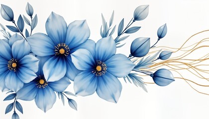 Aufkleber - Elegant abstract blue flowers with golden line art design on white background. Luxurious watercolor illustration shows intricate floral patterns. Soft shades of blue. Design perfect for wall decor,