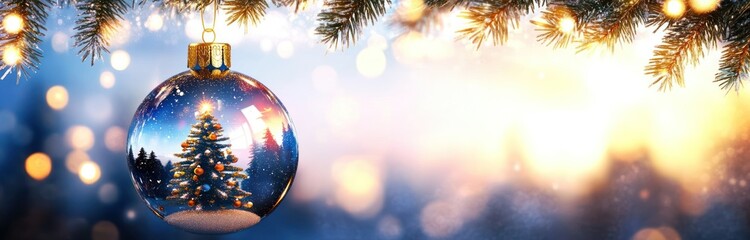 Wall Mural - Shimmering Christmas Tree in Glass Sphere on Pine Branch with Blurred Lights