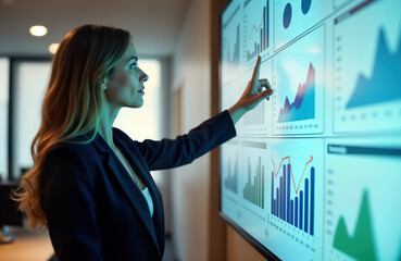 Poster - Businesswoman analyses tech data on interactive screen. Expert displays trends on large monitor. Conference meeting room. Woman points at graphs on digital display. Insightful presentation.