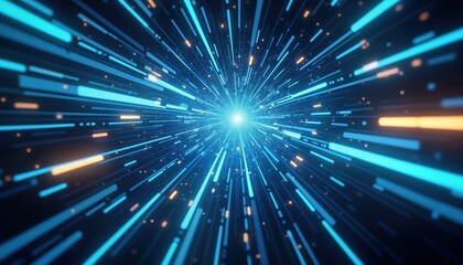 Poster - Dynamic futuristic abstract tech background shows glowing blue, orange light lines in motion. Fast data transfer concept. High-tech innovation. Modern design. Virtual city at night. Cyber space.