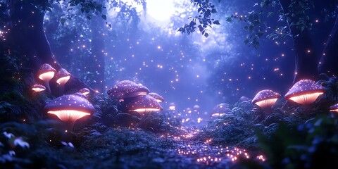 Poster - A mystical forest scene with glowing mushrooms and ethereal light.