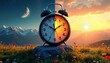 © Pete - Split image contrasts day, night to illustrate daylight saving time concept. Analog clock stands in meadow with flowers. Mountains, crescent moon in night side. Sunrise, colorful flowers in daytime