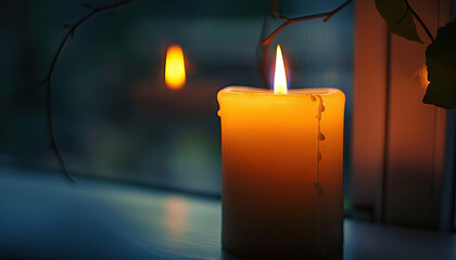 Wall Mural - Lit Candle on Windowsill with Plant and Background Light