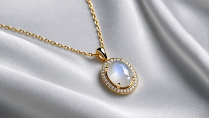 Wall Mural - A gold necklace with a pendant featuring a blue and white gemstone rests on a white fabric surface.