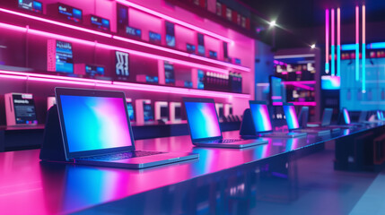 Poster - Vibrant Technology Store Display of Laptops with Neon Pink and Blue Lighting