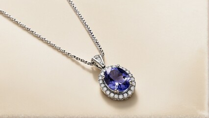 Sticker - A silver necklace with a pendant featuring a blue gemstone and a halo of smaller diamonds.