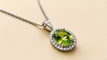 Wall Mural - A silver necklace with a pendant featuring a large oval-shaped green gemstone surrounded by smaller diamonds.