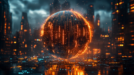 Poster - Glowing Orange Sphere in a Futuristic Cyberpunk Cityscape at Night