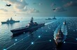 © Pete - Modern military assets fighter jets naval ships satellites data links. Ocean scene. Ships connected by data network. Aerial view. War tech future. Strategic defense. Global power. Military strength.