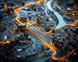 Poster - A network of delivery routes highlighted on a digital city map.