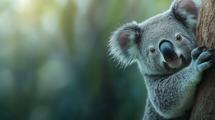 A curious koala gracefully clings to a tree, showcasing its fluffy fur and gentle expression in a serene forest setting.