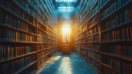 Poster - A serene library corridor illuminated by sunlight, highlighting rows of books.