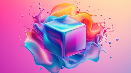 Poster - Vibrant Cube Immersed in a Kaleidoscope of Colors