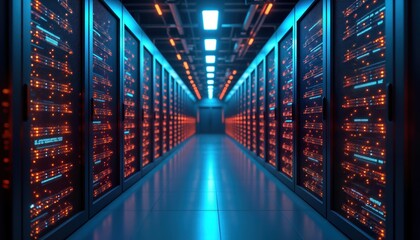 Poster - Advanced data center filled with server cabinets. High-tech equipment for cloud computing services. Futuristic design with colorful lights. Modern infrastructure. Powerful computing, storage,