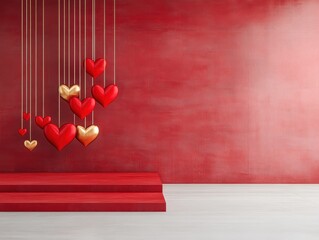 Podium valentine concept. Red wall with hanging hearts, perfect for romantic themes.