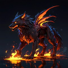  Fiery wolf creature mythical realm digital artwork dark environment dramatic viewpoint fantasy concept