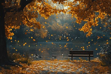 Wall Mural - A serene autumn scene with a bench by a lake, surrounded by colorful leaves and ducks.