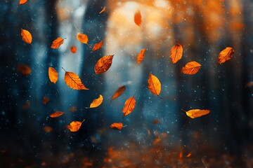 Poster - A serene autumn scene with falling orange leaves amidst a tranquil forest backdrop.