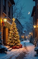 Poster - Snowy winter evening scene in charming European alleyway. Decorated Christmas tree stands beside house entrance. Presents placed near tree. Warm lights illuminate snow-covered path, buildings. Cozy,