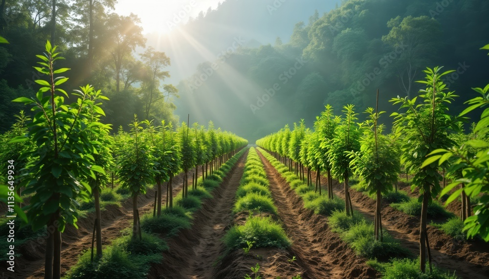 Hopeful reforestation project. Young trees planted in rows. Sunlight ...