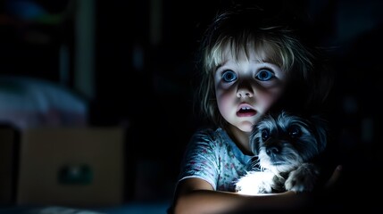 Poster - A child sitting in the dark, clutching a therapy dog tightly as their wide eyes reflect deep fear. 4k resolution, Cinematic Scene