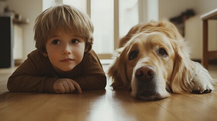 Poster - A therapy dog lying beside a child who nervously glances toward a closed door, the tension in the room palpable. 4k resolution, Cinematic Scene