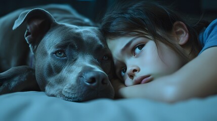 Poster - A therapy dog lying calmly at a child s feet while they rock back and forth, their face filled with worry. 4k resolution, Cinematic Scene