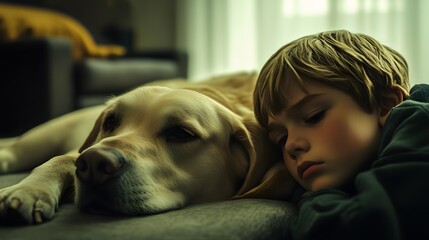 Poster - A therapy dog lying calmly at a child s feet while they rock back and forth, their face filled with worry. 4k resolution, Cinematic Scene