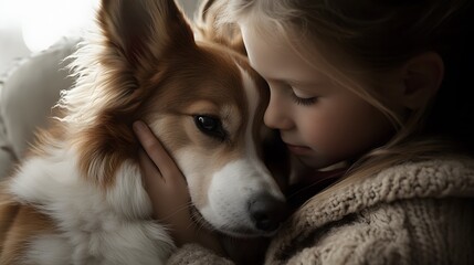 Poster - A child sitting in a quiet room, their hands gripping the therapy dog s fur tightly as they struggle to stay grounded. 4k resolution, Cinematic Scene