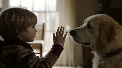 Poster - A therapy dog standing at a distance as a child hesitates to reach out, their body language filled with uncertainty. 4k resolution, Cinematic Scene