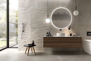 Poster - Modern bathroom interior design with a floating vanity, round mirror, and textured wall tiles in a soft gray tone.
