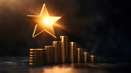 Leinwandbilder - A glossy gold star radiating light above a set of stacked bars rising upward, showcasing professional growth
