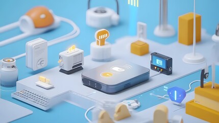 Poster - A professional displaying a smart IoT platform with fluid 3D workflow visuals and clean 2D task highlights