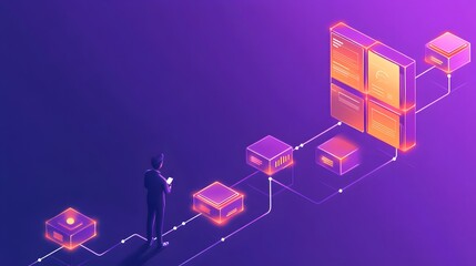 Aufkleber - A business professional introducing IoT productivity enhancements, with glowing 3D path diagrams and clear 2D timelines