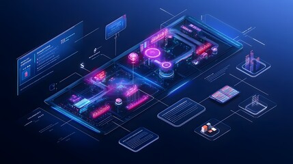 Poster - A professional presenting a futuristic IoT dashboard, featuring glowing 3D data pathways and clear 2D task breakdowns