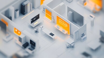 Aufkleber - A corporate tech demo featuring IoT devices with dynamic 3D glowing task paths and simple 2D breakdowns