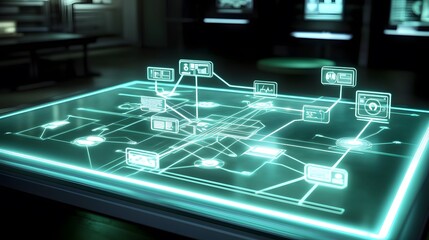 Poster - A futuristic IoT platform demonstration with glowing 3D workflow connections and clear 2D task highlights