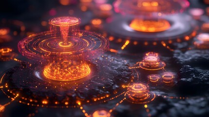 Poster - A futuristic IoT platform demonstration with glowing 3D workflow connections and clear 2D task highlights