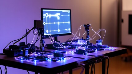 Aufkleber - A demonstration of IoT-powered tools with glowing 3D pathways and dynamic 2D task summaries, exuding clarity and precision