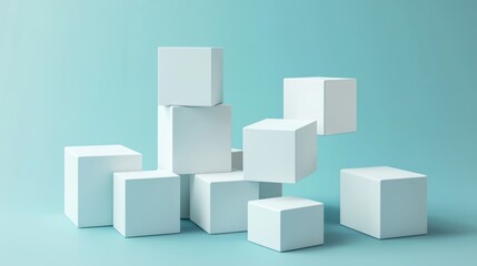 Poster - Abstract Composition of White Cubes Against a Light Blue Background