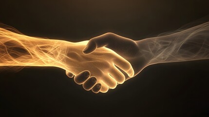 Poster - A glowing handshake rendered in gradient earthy tones of light brown and muted gray, representing progress and trust, no background