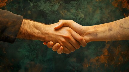Aufkleber - A symbolic handshake in smooth earth tones of camel and dark forest green, exuding warmth and collaboration, no background