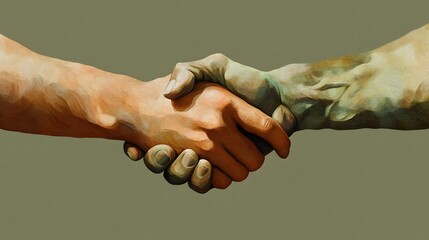 Poster - A stylized handshake in rich terracotta and soft moss tones, symbolizing trust and unity, floating cleanly with no background