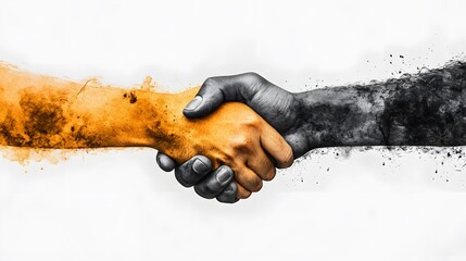 Poster - A clean handshake symbol in warm ochre and charcoal gray tones, representing connection and agreement, no background